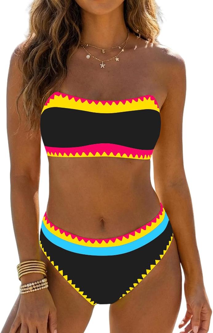 Sexybody Women's Bandeau Bikini Strapless Bikini Neon Color Block Two Piece Whip Stitch Trim Bathing Suits, XL