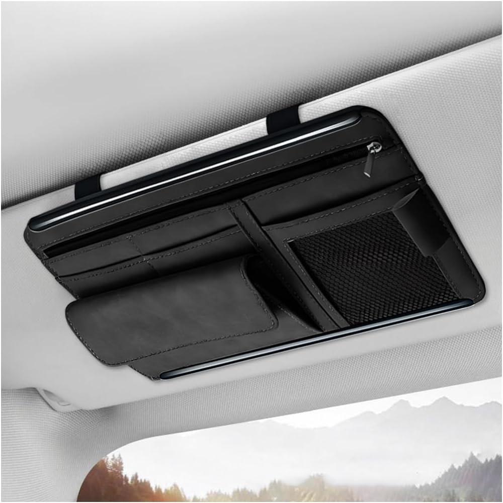 Car Sun Visor Organizer, Suede Leather Visor Glasses Storage Pocket Net Zipper Card Holder, Multi-Pocket Visor Sunglasses Organizer for Document Registration License Pen (Black)