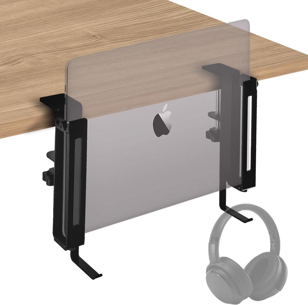 IFCASE Adjustable Desk Side Laptop Mount Holder with Headphone Hook, No Drill Desk Storage Organizer (Black)