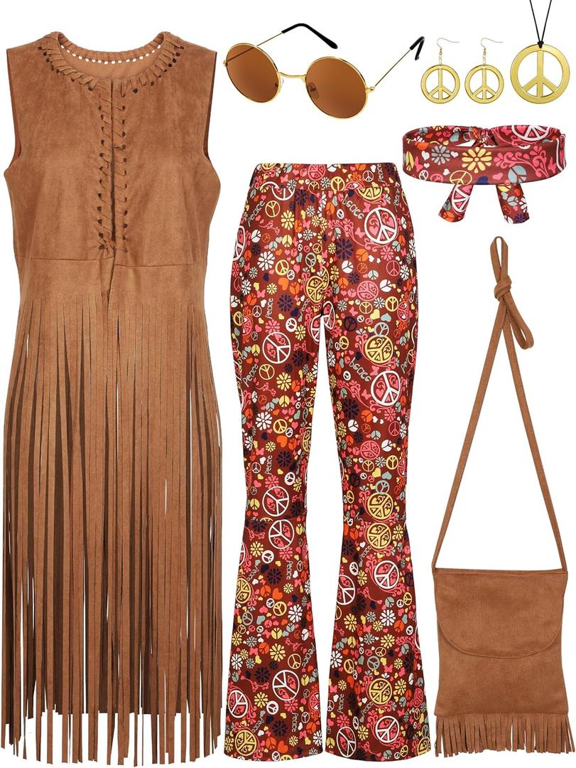 SOMSOC 7 Pieces 70s Women Hippie Costume Fringe Vest Bag Pant Headband for Halloween L