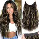 KooKaStyle Invisible Wire Hair Extensions with Transparent Headband Adjustable Size 4 Secure Clips Long Wavy Secret Wire Hairpiece 20 Inch Dark Brown with Blonde Highlights for Women