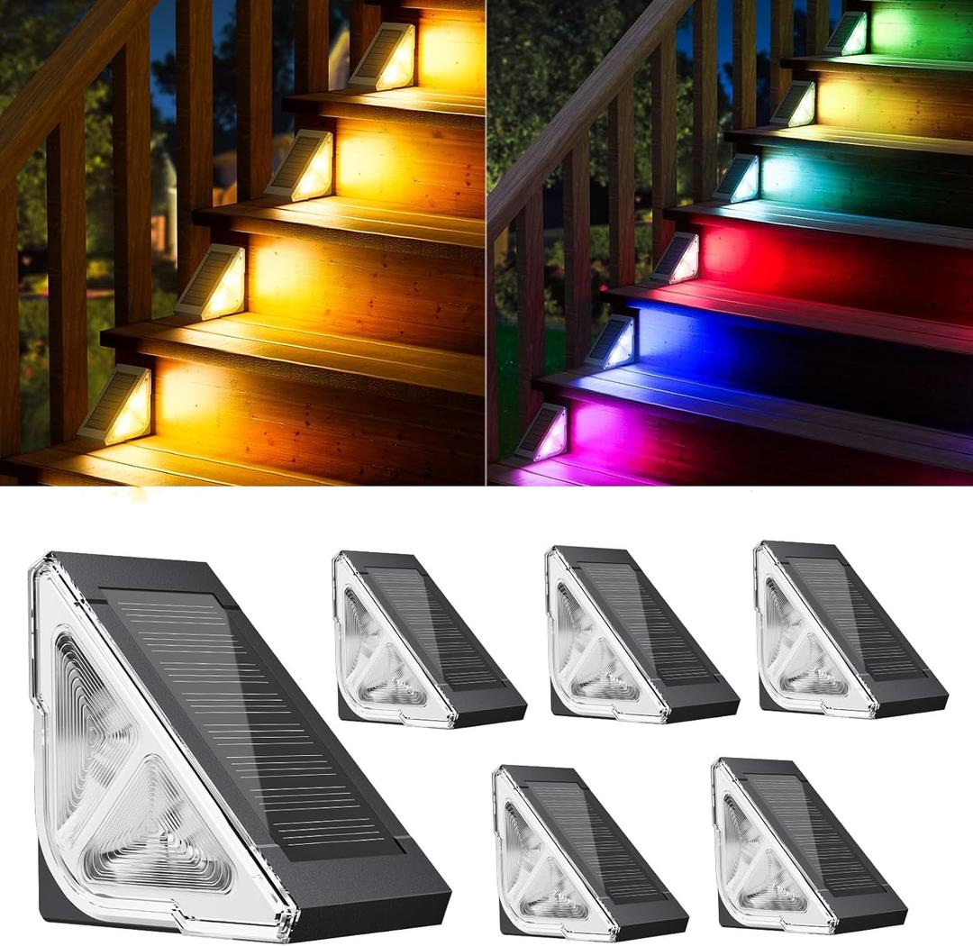 Solar Step Lights for Outside, 6 Pack Stair Lights Outdoor Waterproof with RGB & Warm White Mode, Auto ON/ Off LED Step Lights Outdoor Solar Powered for Step Stair Patio Yard Porch Frontdoor