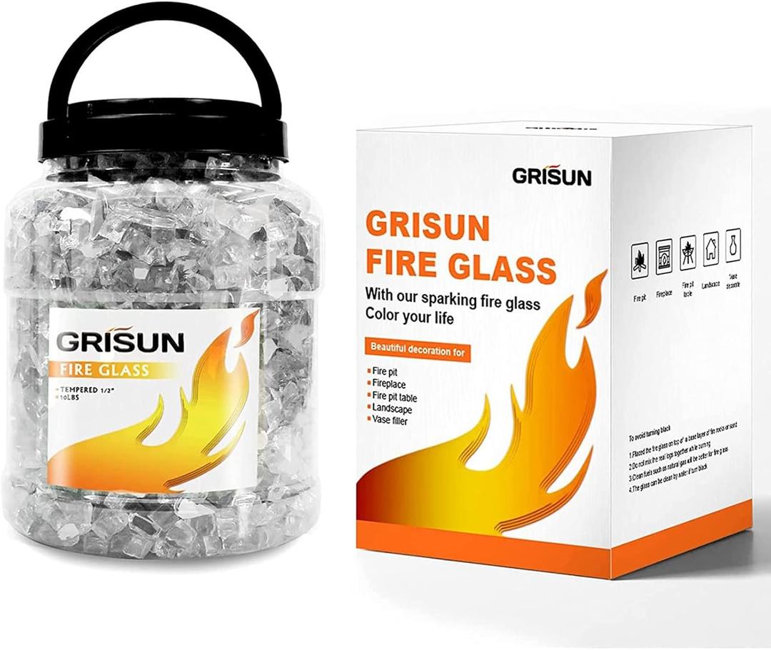 GRISUN 30 Pounds Ultra White Fire Glass for Fire Pit - 1/2 Inch High Luster Reflective Tempered Glass Rocks for Natural or Propane Fireplace, Safe for Outdoors and Indoors Fire Pit Glass