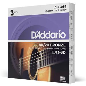 D'Addario Acoustic Guitar Strings, 80/20 Bronze, EJ13-3D, Custom Light Gauge 11-52, 6-String Set, Pack of 3