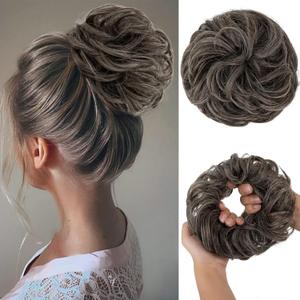 CJL HAIR Large Messy Bun Hair Piece Wavy Curly Scrunchies Synthetic Chignon Ponytail Hair Extensions Thick Updo Hairpieces for Women Steel Grey