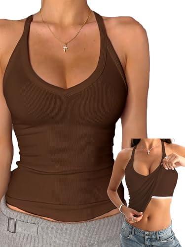 Danysu V Neck Cotton Tank Tops with Built-in Shelf Bra Sleeveless Racerback Fitted Basic Cami Shirts XS