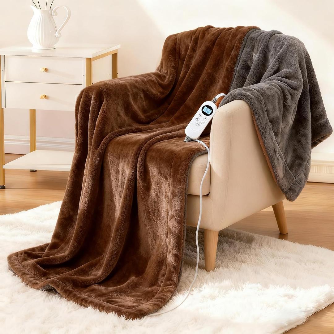 Eastsora Electric Heated Blanket Throw 50''x60'' Soft Dual-Sided Flannel, 12 Heat Settings, Smart Timer, ETL & FCC Certified, Machine Washable (Brown & Gray, Single(50"x60"))