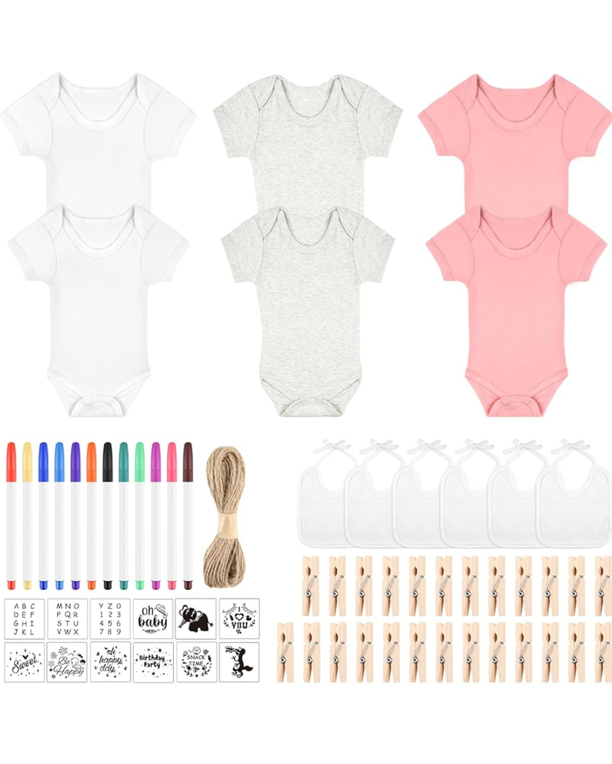 60 Pcs DIY Baby Bibs Bodysuit Set Baby Shower Game White Baby Bibs White Newborn Bodysuit for Baby Shower