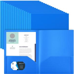 Gueevin 100 Pcs Plastic Folder with Pockets, Two Pocket Folders, Fit Letter Size Paper, Heavy Duty Durable File Folders with Business Card for Home Office School, Holds 100 Sheets (Blue)