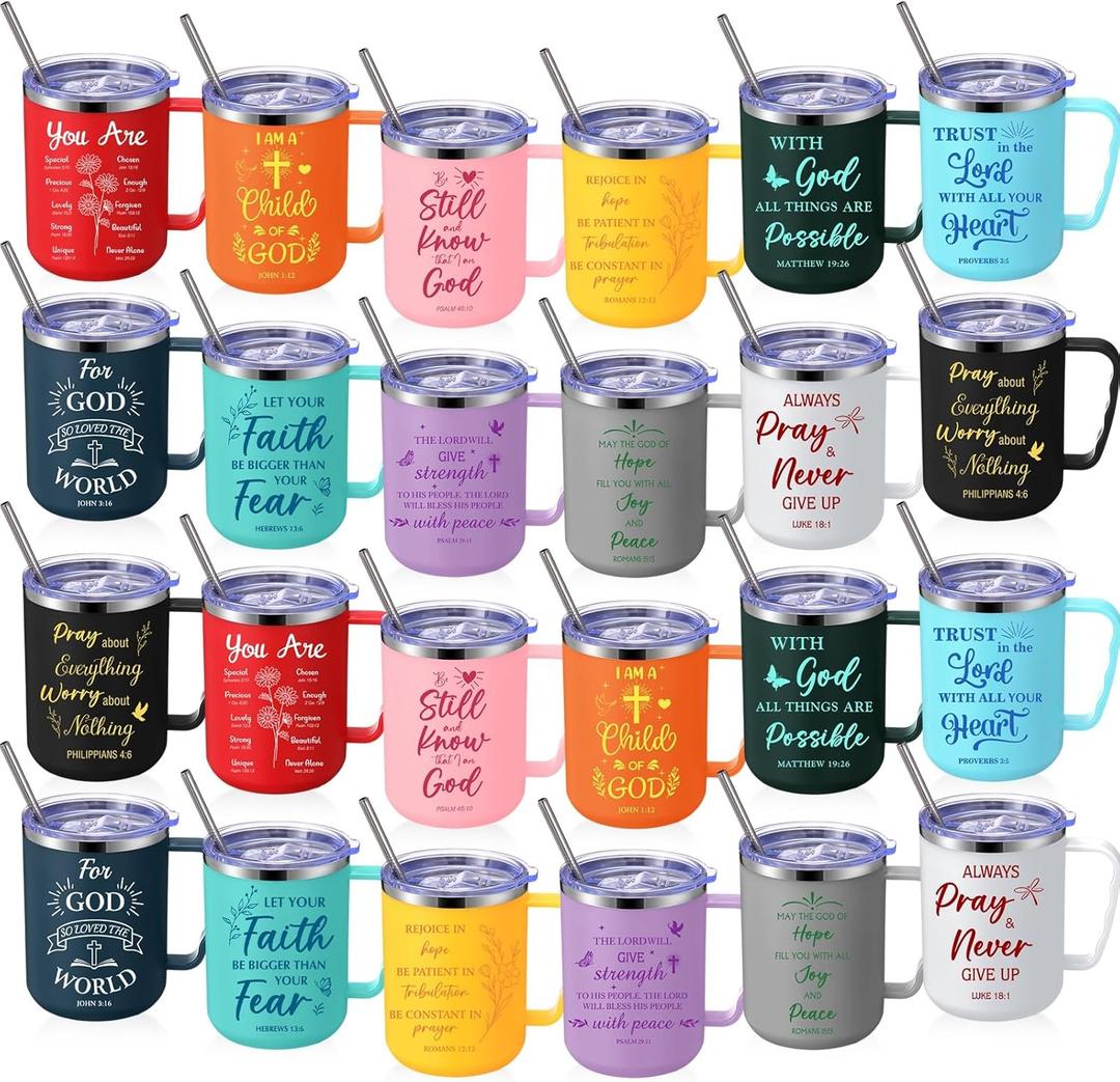 Sieral 24 Pcs Christian Coffee Mugs Bulk, Religious Christian Bible Verse Inspirational Gifts, 17 oz Insulated Bible Affirmation Travel Mug Tumbler with Lid and Straw for Men Women Birthday Christmas