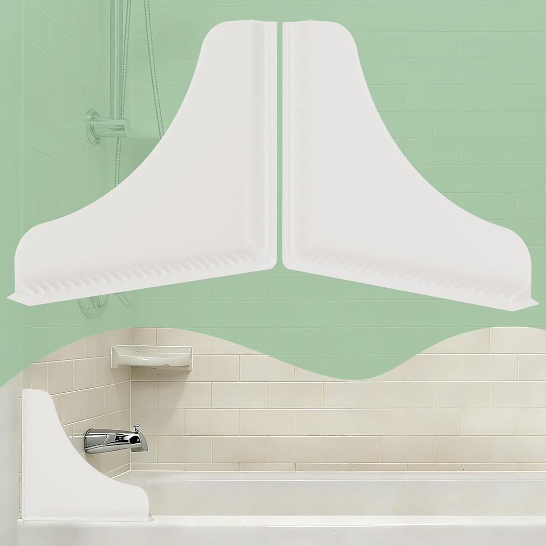 Roslim Shower Corner Splash Guard, 2 Pack No-Adhesive Silicone Bathtub Splash Guards with Suction Cups, Reusable Water Blocker for Tub & Walk-in Shower Corners, Keeps Floor Drier, White