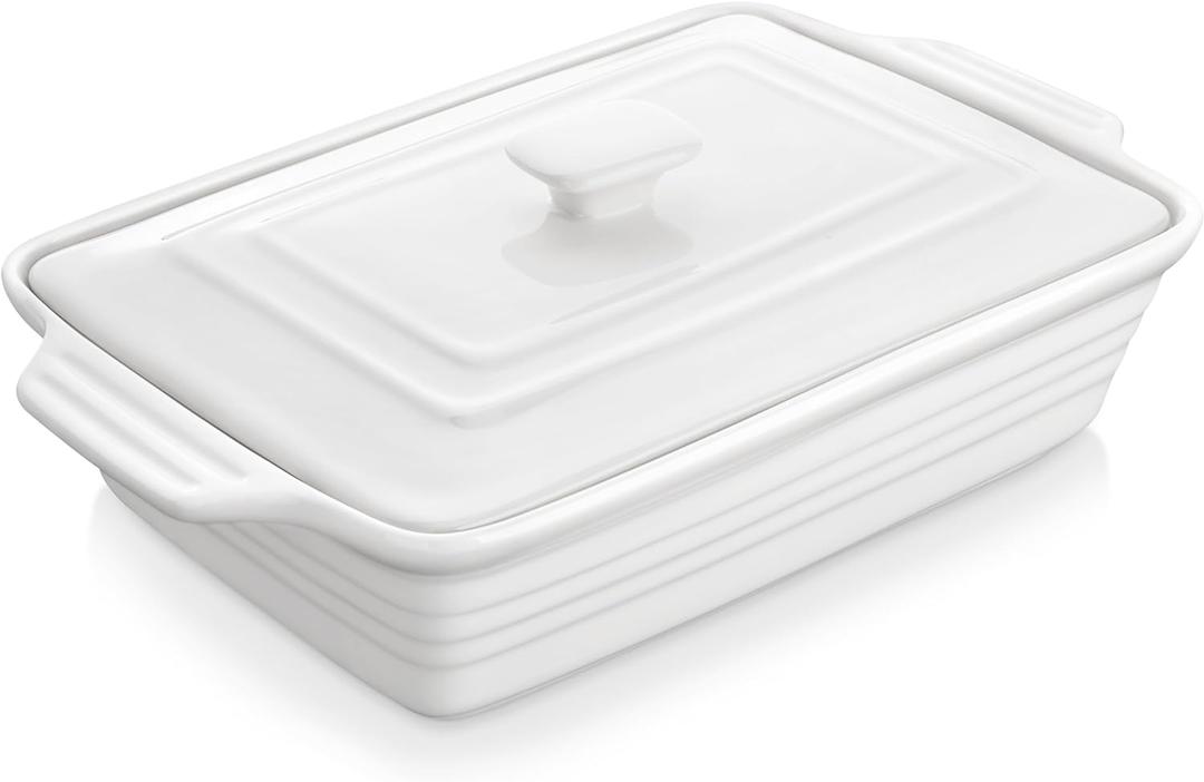 MALACASA Casserole Dish for Oven, 4.4 Qt Porcelain Baking Dish with Lid, 9x13 Baking Pan with Handles, Large Lasagna Pan Deep, Rectangular Bakeware, Microwave Safe, White, Series BAKE