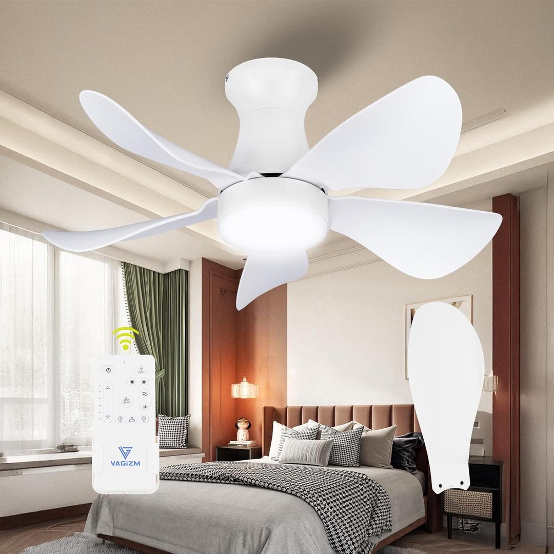 30 Inch Flush Mount Ceiling Fan with Light - Small Ceiling Fan with Light for Bedroom/Kids Room/Small Room - Low Profile Design - Indoor/Outdoor Use - 5 Blades White