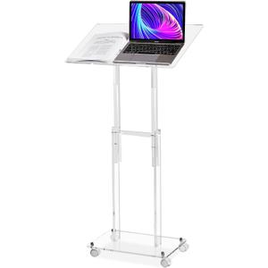 Clear Acrylic Podium Stand with Lockable Wheels, Height & Angle Adjustable, Portable Rolling Lecterns & Pulpits for Church, Classroom, Wedding, Speech(23.6" L X 15.7" W Transparent)