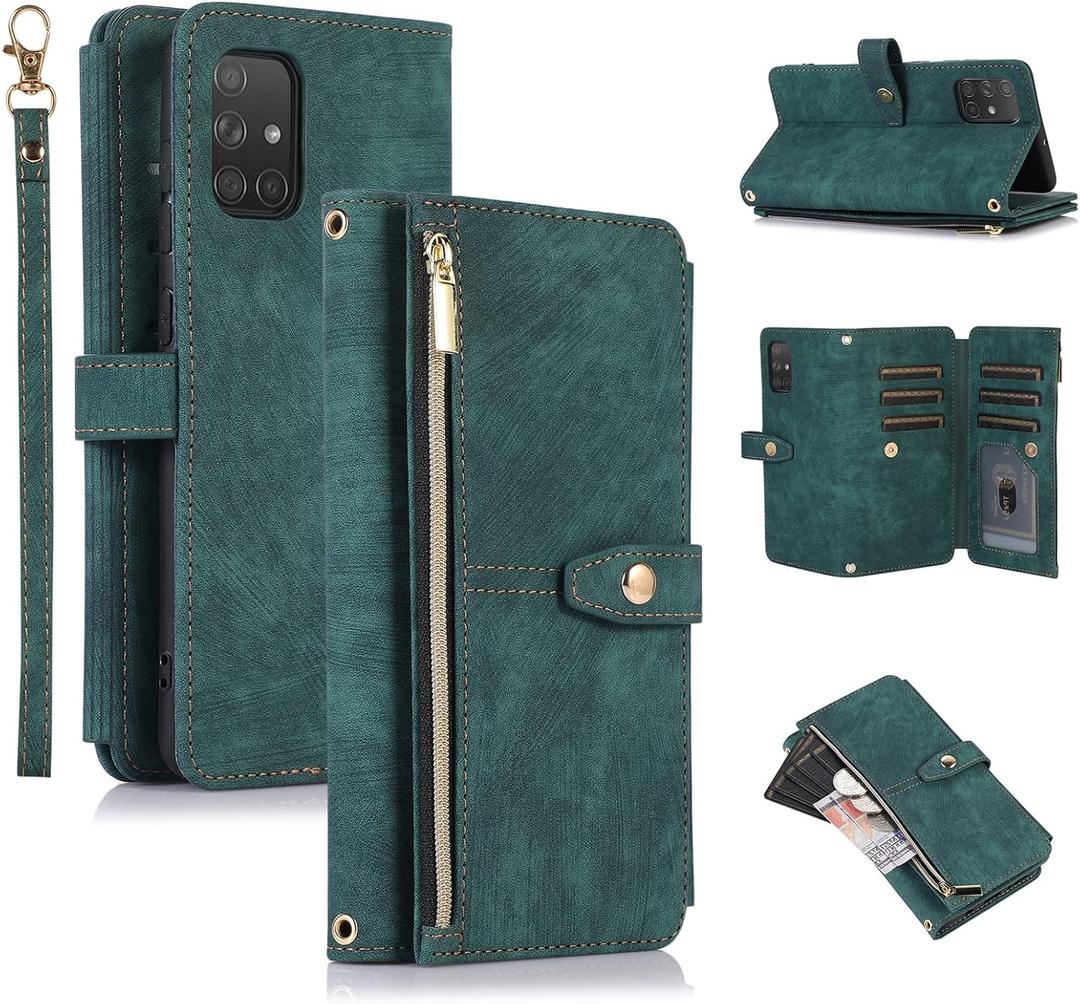UEEBAI Case for Samsung Galaxy A71, 9 Card Slots Retro Leather Wallet Shockproof Flip Cover with Hand Strap Card Slots Zipper Pocket Kickstand Handbag Magnetic Closure - Retro Green
