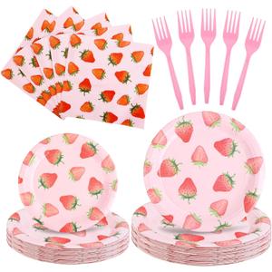 140 Pcs Strawberry Party Supplies for 30 Guests, Strawberry Party Decorations Include Strawberry Paper Plates Forks Napkins Disposable Strawberry Pool Luau Hawaiian Party Decoration, bu0322-9