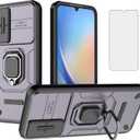 Asuwish Phone Case for Samsung Galaxy A34 5G with Slide Camera Cover Tempered Glass Screen Protector Ring Holder Stand Rugged Slim Protective Military Grade Hybrid Cell A 34 34A Women Men Purple