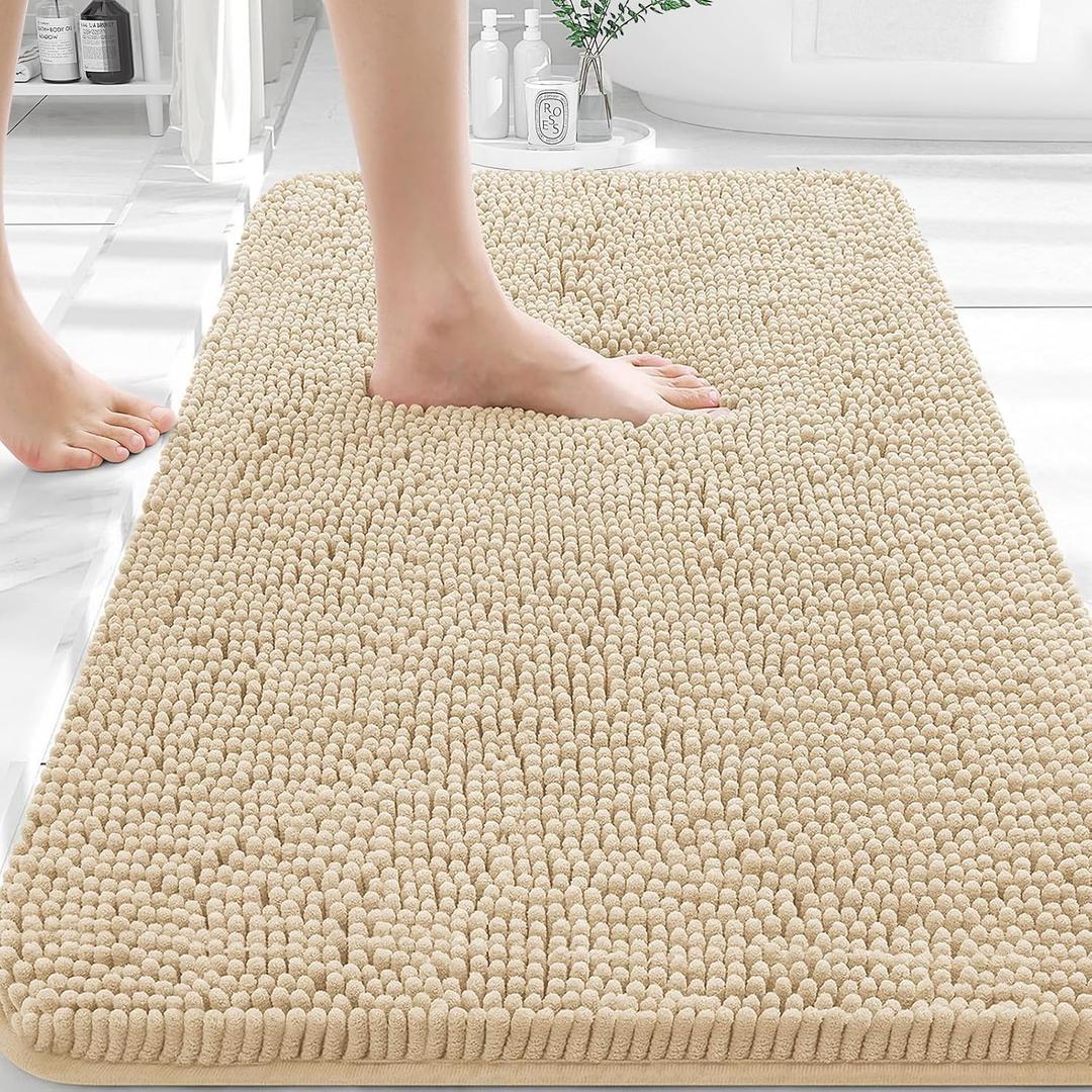OLANLY Bathroom Rugs 32x20, Extra Soft Absorbent Chenille Bath Rugs, Rubber Backing Quick Dry, Machine Washable Bath Mats for Bathroom Floor, Tub and Shower, Home Decor Accessories, Beige