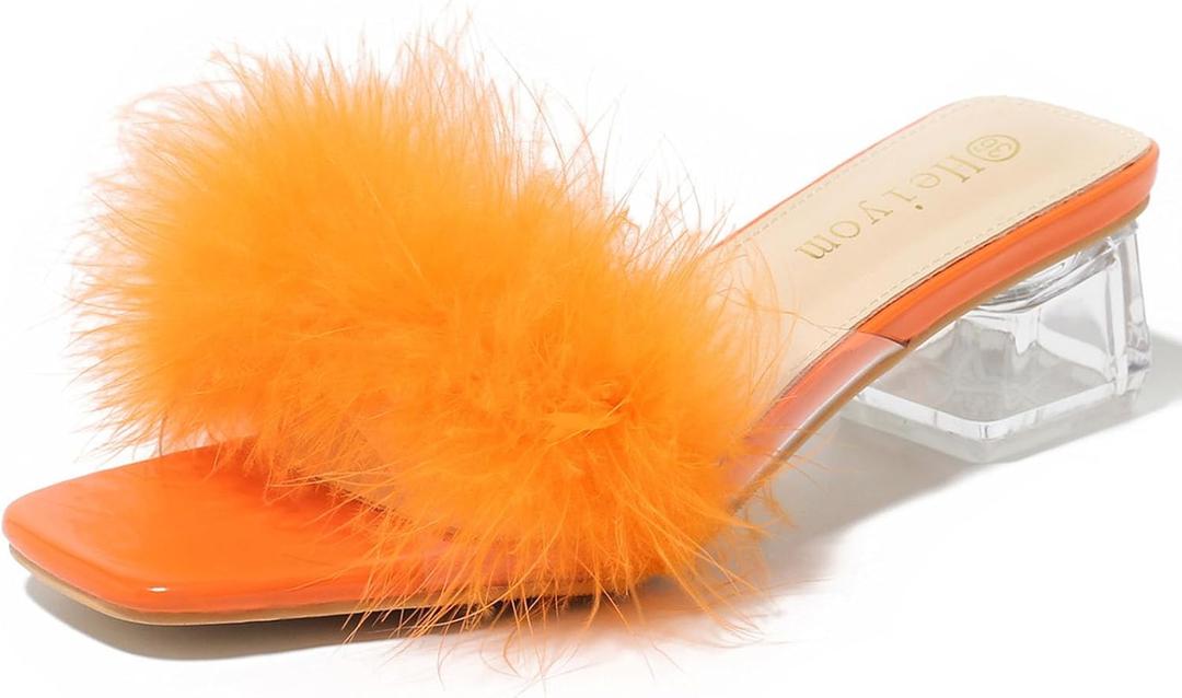 Women's Square Toe Heeled Sandals Low Block Chunky Heels Clear Mules Fluffy Feather Slip on Wedding Bridal Party Dress Shoes (9.5, Orange)
