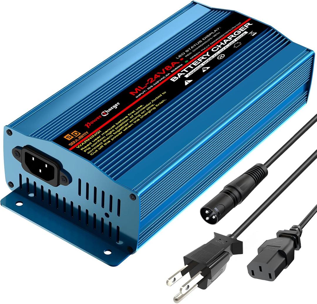 24V 8Amp Battery Charger, Automatic Smart Lead-Acid Battery Trickle Charger Maintainer with XLR Connector for Wheelchair, Sealed AGM Battery,Car Boat,Lawn Mower