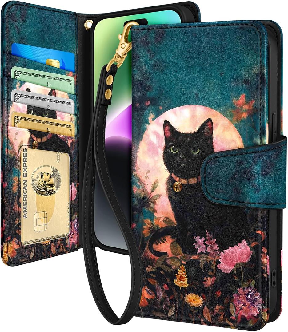 Toycamp for iPhone 14 Wallet Case with Wrist Strap - Leather Flip Folio Phone Case with RFID Blocking 4 Card Holder for Apple for iPhone 14 Funda Cute Aesthetic for Women, Paint Cat