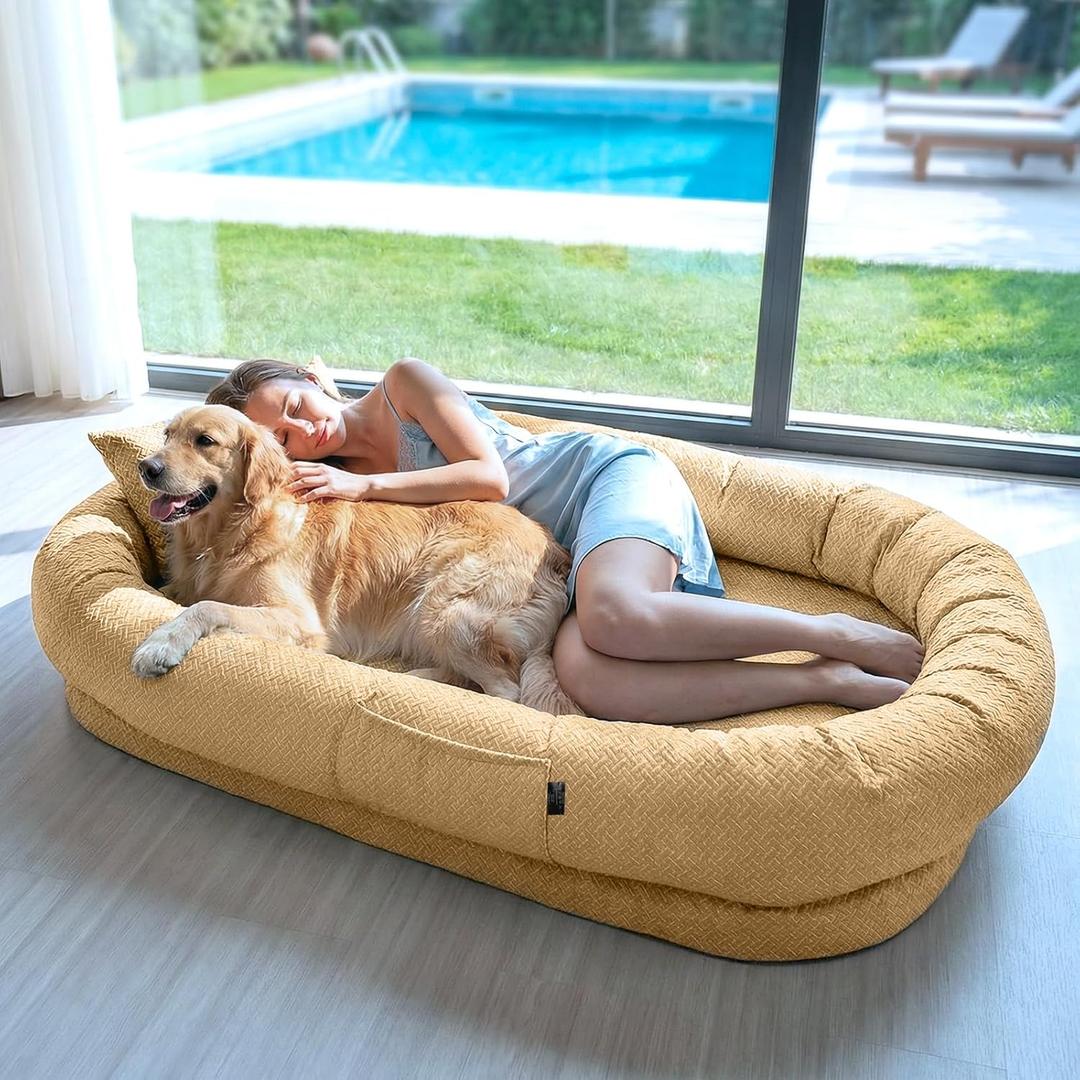 YAEM Cooling Human Dog Bed, 71"x45"x12" Breathable Human Size Dog Bed for Adults, Waterproof Giant Pet Beds with Washable Cover & Non-Skid Bottom, Dune Brown