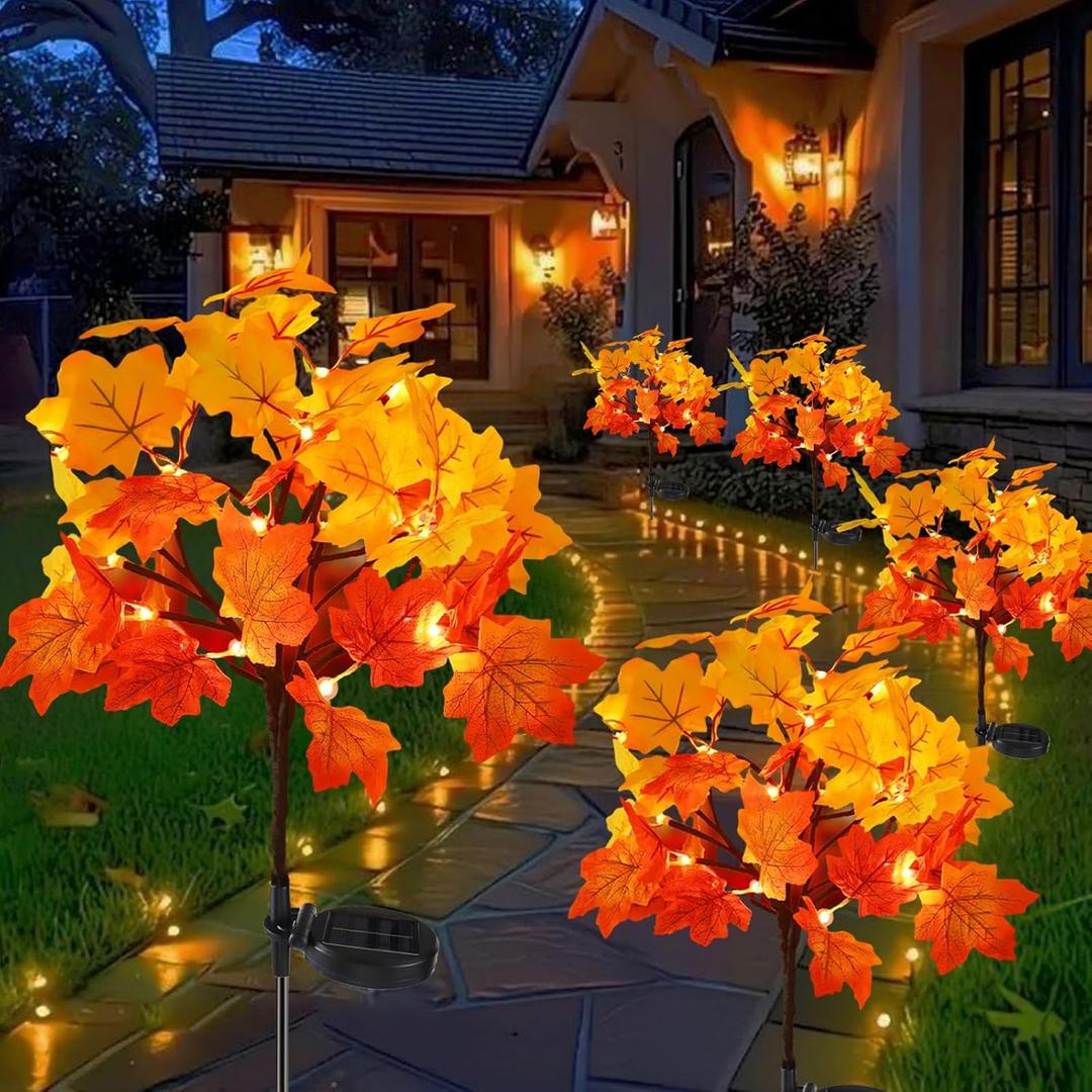 4Pack Fall Solar Lights Outdoor Waterproof,80LED 160 Maple Leaves Solar Garden Lights Outside, Autumn Artificial Tree Pathway Lights for Patio,Halloween,Thanksgiving,Fall Decoration