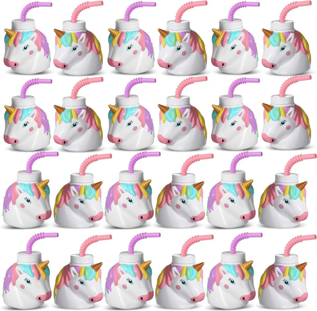 Mifoci 24 Set Unicorn Birthday Party Favor Gift Cups with Straws, 10 oz Plastic Unicorn Shape Cup Reusable for Girls Birthday Baby Shower Party Supplies (Pastel Color)