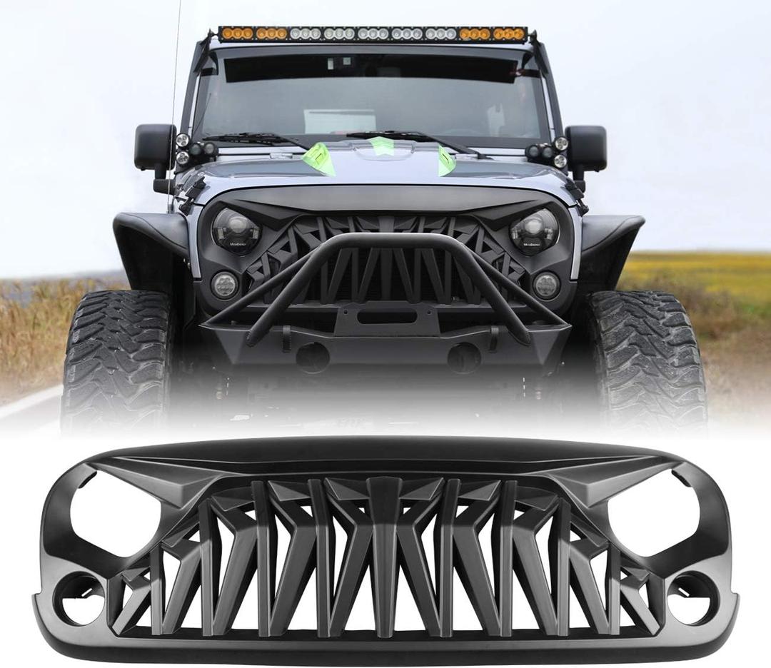 Front Grill Shark Grille Compatible with 2007-2018 Jeep Wrangler Rubicon Sahara Sport JK JKU, Matte Black