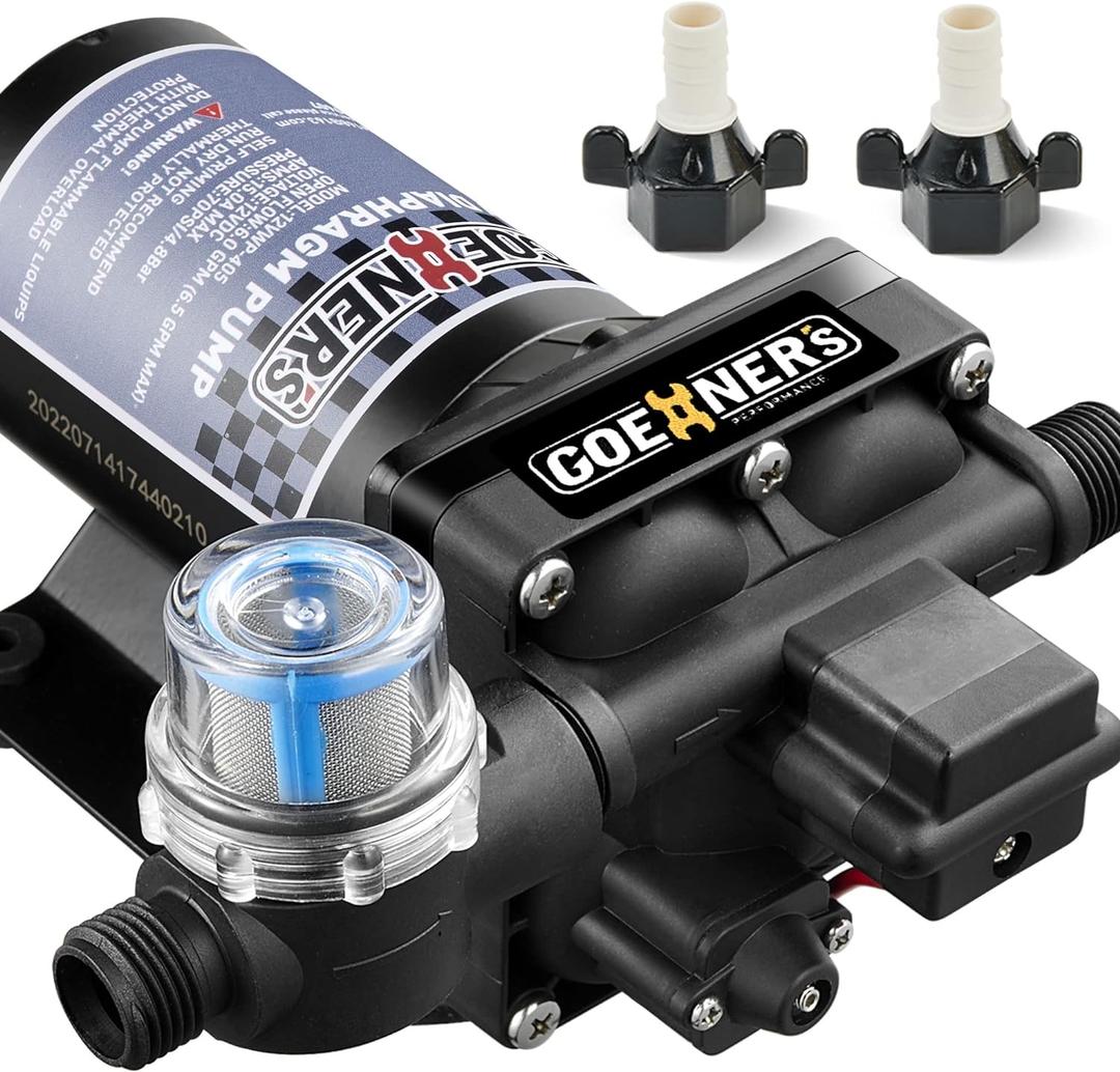 [Upgraded Version] RV Fresh Water Pump, 12V DC 6GPM 70PSI Self-Priming Diaphragm With Pressure Switch and Strainer for RV, Marine, Yacht, Caravan (6 GPM)