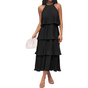 ZESICA Women's 2025 Summer Sleeveless Halter Neck Ruffle Tiered Layed Chiffon Flowy Swing Long Midi Dress (Large, Darkblack)