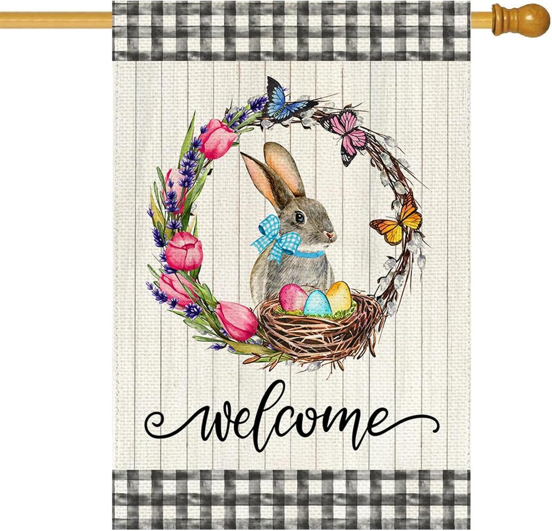 Baccessor Tulip Wreath Bunny Easter House Flag Eggs Buffalo Plaid 28 x 40 Inch Large Yard Flag for Outside Double Sided Burlap Spring Holiday Outdoor Easter Decoration (Multi)