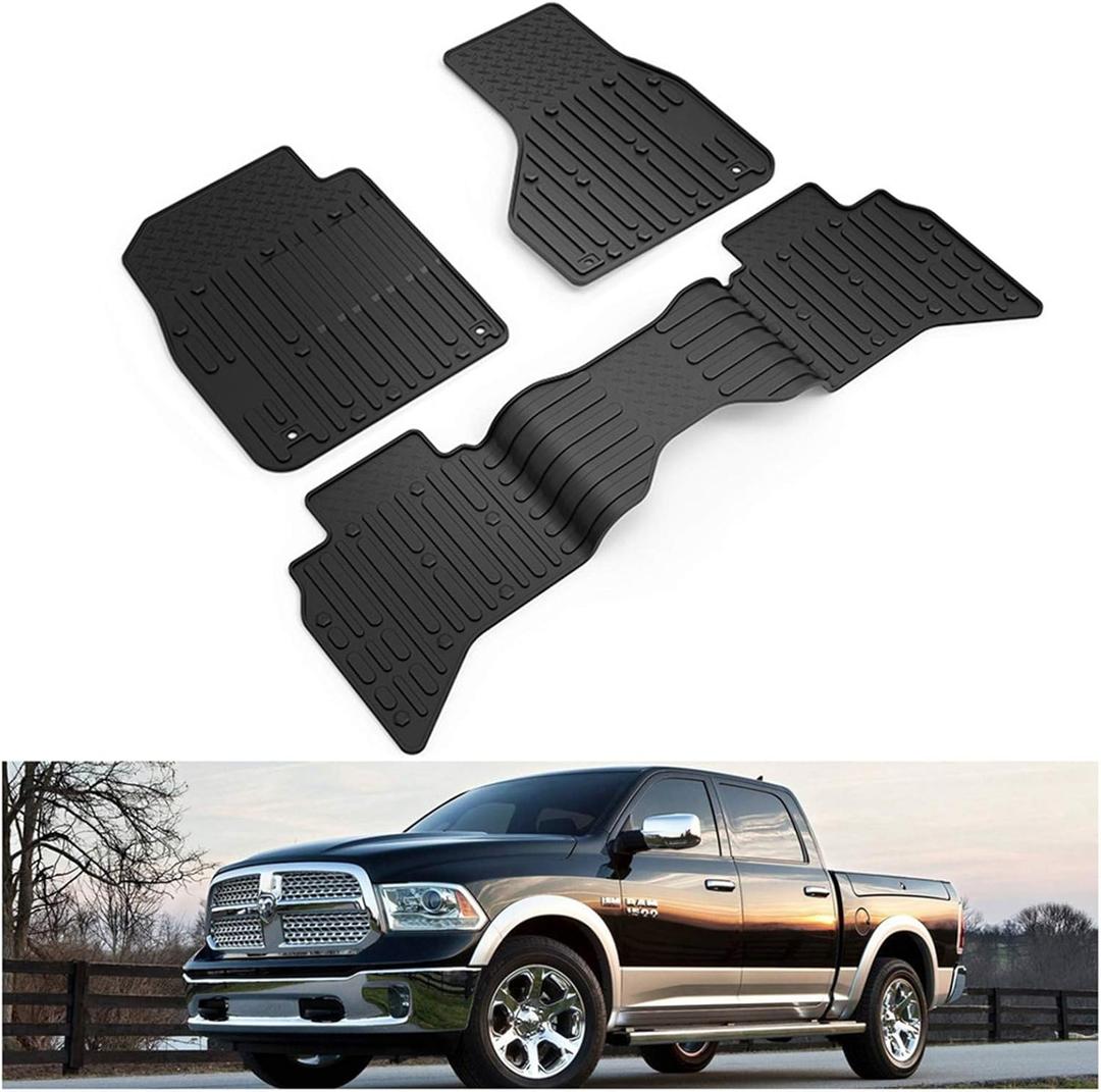 KIWI MASTER Floor Mats for 2009-2018 Dodge Ram 1500 Quad Cab, 2019-2024 Ram 1500 Classic Quad Cab Front & 2nd Row Seat All Weather Mat TPE Slush Liner Black
