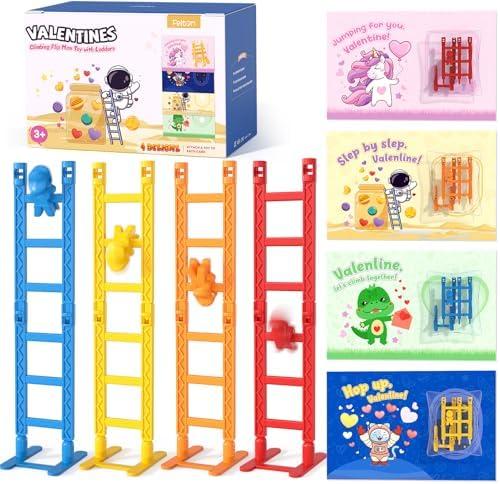 Feltom 28 Pack Valentine Gifts for Kids, Valentine Flip Ladder Toys with Cards for Kids Classroom Exchange, Fun Tumbling Man Stair Toys with 28 Valentine Cards & Stickers, School Party Favors