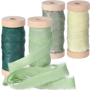 Mindsoft Frayed Chiffon Ribbon for Craft Silk Satin Ribbons 1/2-1/4 Inch x 20 Yard Handmade Fabric Strips with Wooden Spool for Valentines Day Wedding Gift Wrapping(Green)