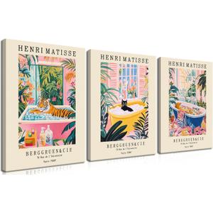 Funny Bathroom Canvas Wall Art Set of 3, Matisse Black Cat Animal Wall Decor Paintings, Cute Tiger Bathroom Pictures Posters Prints 12x16 Inch Framed