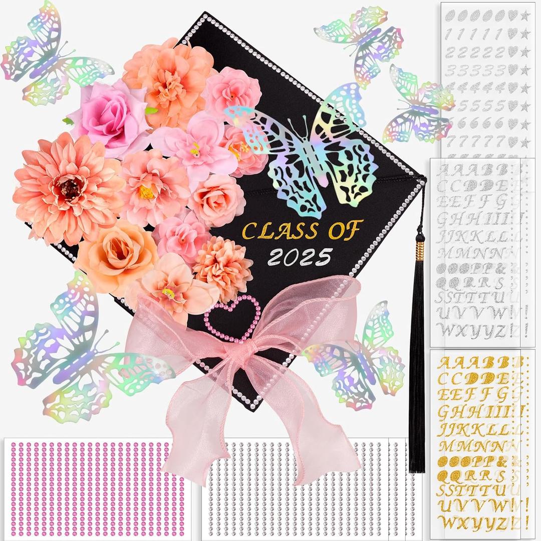 80UncleKimby 44PCS Graduation Cap Decorations: DIY Grad Hat Topper Kit, Include Flower Glitter Stickers Letters Butterflies - Handmade Decoration(No Glue&Cap)