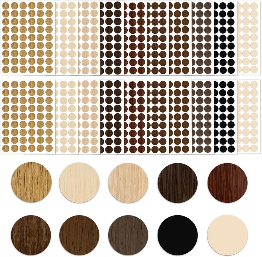 1080 Pcs Screw Hole Covers Stickers PVC Self-Adhesive Screw Covers Caps Dustproof Wood Textured Multi Color Stickers for Furniture Walls Cabinet Desk 20mm, 10 Colors