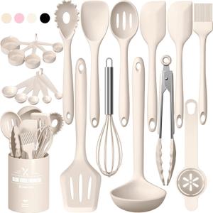 Umite Chef 22-Piece Silicone Cooking Utensils SetHeat Resistant & Dishwasher Safe Kitchen Tools, Black Non-Scratch Spatula Set for Nonstick Cookware (Khaki)