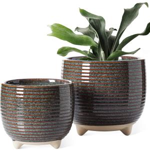 LE TAUCI Ceramic Plant Pots, 5.1 + 6.4 Inch Footed Pots for Plants, Modern Flower Pots for Home and Office, Indoor Planters with Drainage, Reactive Glaze Black