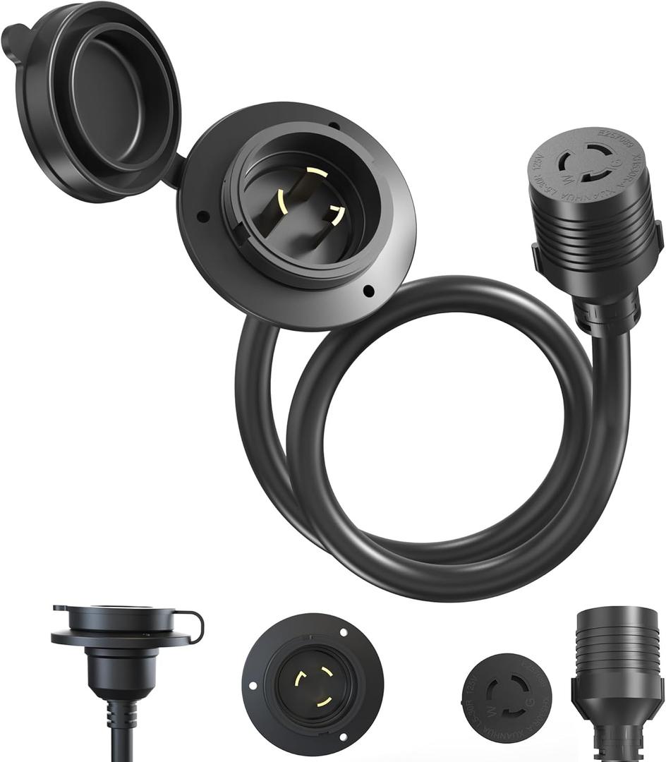 30 AMP Lock RV Shore Power Inlet,30AMP RV Plug,RV Electrical Outlet with 3 Stainless Steel Pins and Screws,NEMA L5-30P,30Amp to30 amp RV Adapter,Black 10AWG Wire