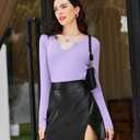 Ekouaer Long Sleeve Shirts for Women V Neck Basic Ribbed T Shirt Thermal Undershirts Slim Fit Casual Tee Tops (Purple)