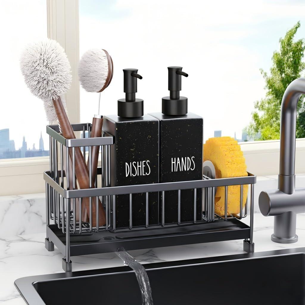 Cisily Kitchen Soap Dispenser Set with Sink Caddy, 12 Oz Glass Bottle, Hand and Dish Soap Dispenser Set with Sponge Holder, Black Stainless Steel Kitchen Countertop Sink Organizer Accessories