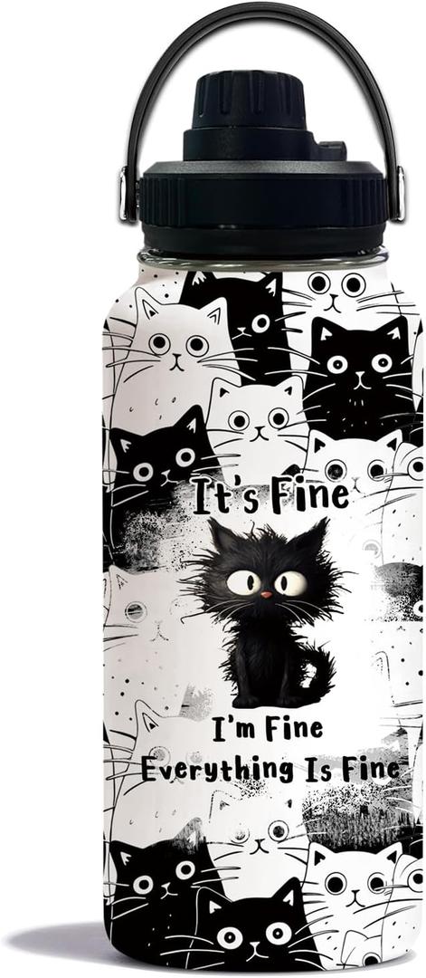 Cat Lover Gifts, Everything Is Fine I'm Fine Black Cats Water Bottle Travel Tumbler 32Oz, Christmas Birthday Gift for Cats Lovers Women Cup Cute Cat Themed Stuff Funny Coffee Mugs