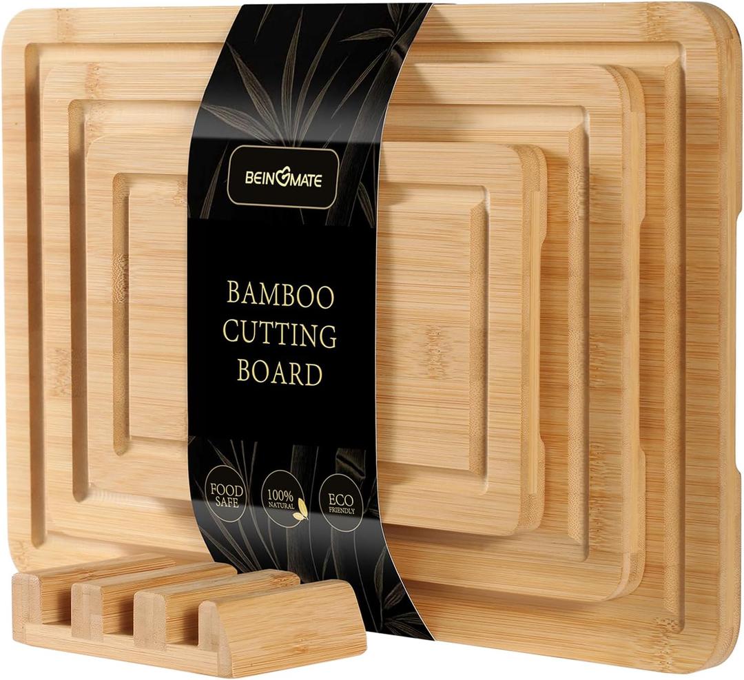 Bamboo Cutting Board Set of 3 with Vertical Stand | Deep Liquid Grooves & Anti-Slip Handles | Heavy Duty Wood Chopping Boards for Kitchen | Natural, Sustainable & Knife-Friendly