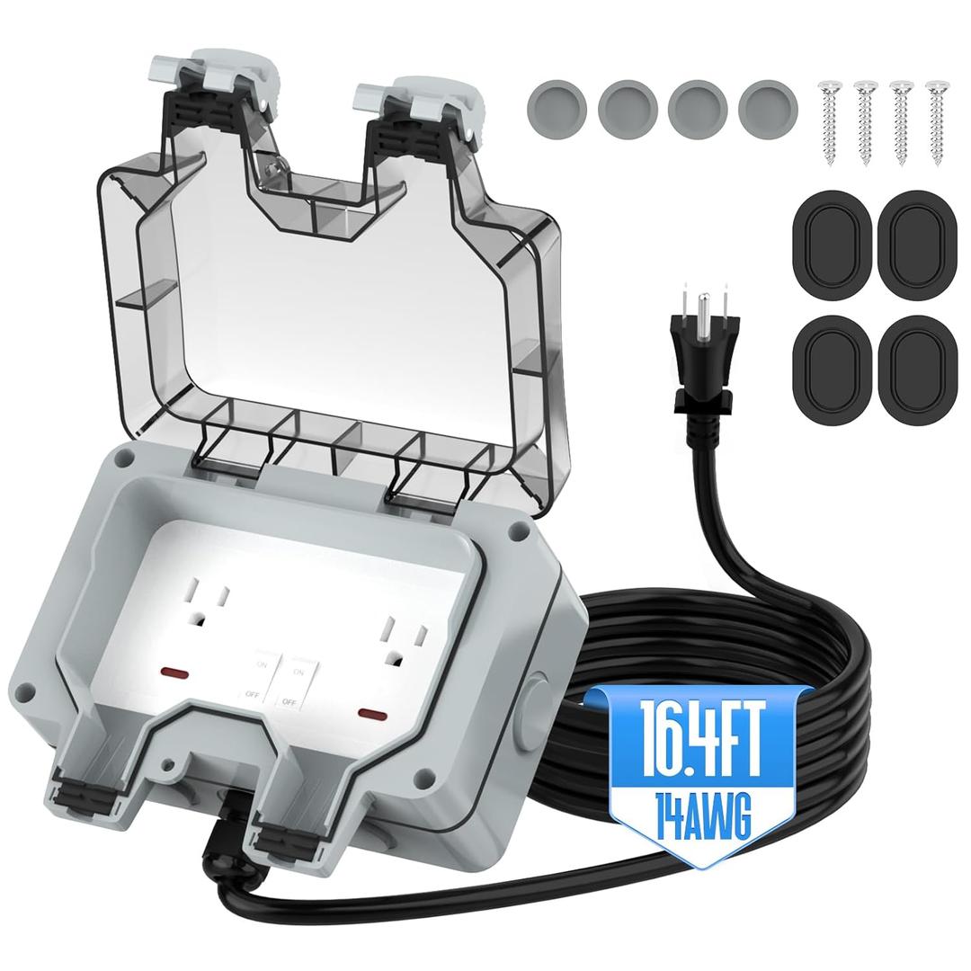 Outdoor Outlet Box with 16.4Ft Extension Cord,NEMA 5-15R,IP66 Waterproof Outdoor Outlet Box w/Lockable Cover & LED Indicator (Double Plug Socket) -Perfect for Gardens, Yards & Sports Fields