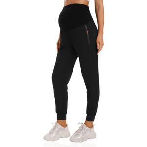 Foucome Women's Maternity Joggers Quick Dry Zipper Pockets Scrub Pants Pregnancy Sweatpants (Black, XXL)