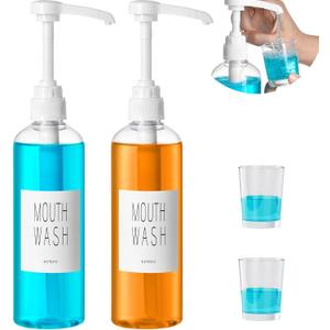 VITVITI Plastic Mouthwash Dispenser for Bathroom, 17 OZ Pump Mouth Wash Container Bottle with Cup, Clear Refillable Mouthwash Dispenser with Labels, Set of 2