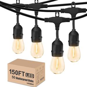Achin Outdoor String Lights 150 Feet LED Waterproof Patio Lights with 50 Shatterproof Dimmable Warm Edison Bulbs String Lights for Outdoor Gazebo Bistro Wedding Birthday Party Lights, Connectable (150FT 46 Sockets(2x75FT), Warm 2200K-E26 Base)