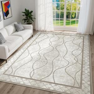 DweIke 4x6 Area Rugs for Living Room, Machine Washable Bordered Rug for Bedroom, Luxury Rubber Backing (Non-Slip) Low Pile Throw Carpet for Dining Room Kitchen Home Decor, Beige